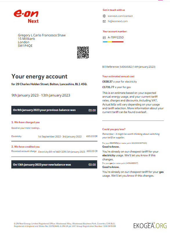UNITED KINGDOM E ON utility bill Word and PDF template